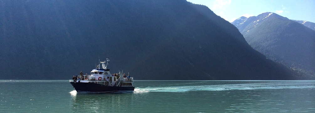 Ferry arriving at Mundal on the Fjaerlandsfjord, Sogn og Fjordane, Norway.