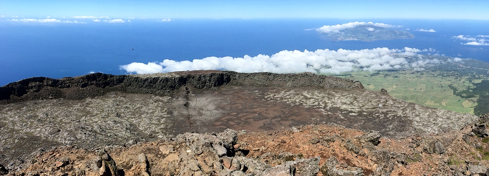 View from the summit of Pico volcano in the Azores with the island of Faial in the distance