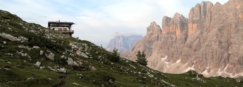 Sunset glow on Monte Civetta from Rifugio Tissi, Dolomites of Italy