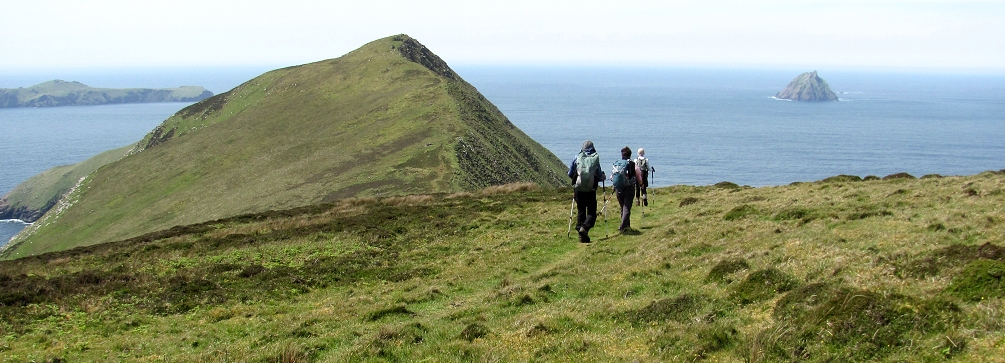 Hikers on Great Blasket Island off the Dingle Peninsula, County Kerry, Ireland