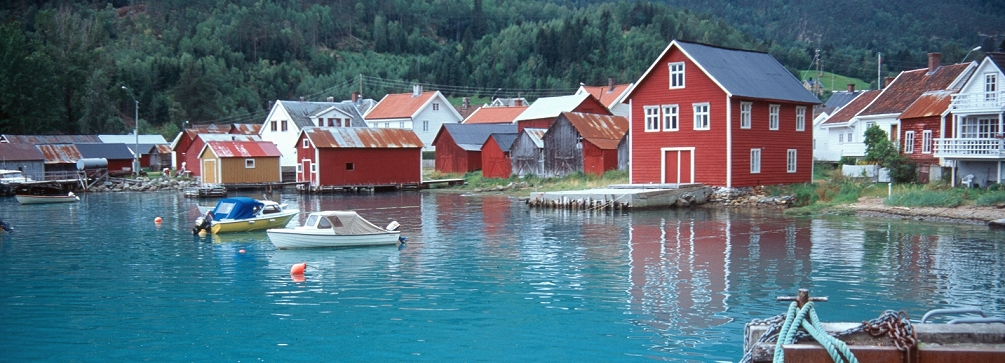 Solvorn village on the shore of the Lustrafjord, Sogn og Fjordane, Norway