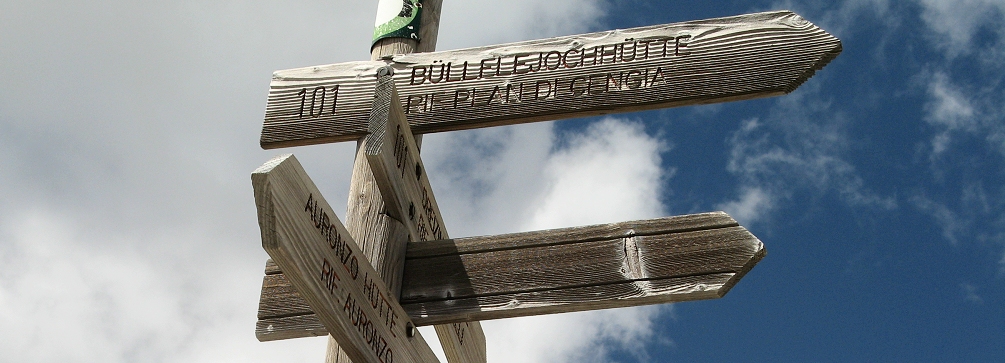 Trail sign in the Dolomites of Italy