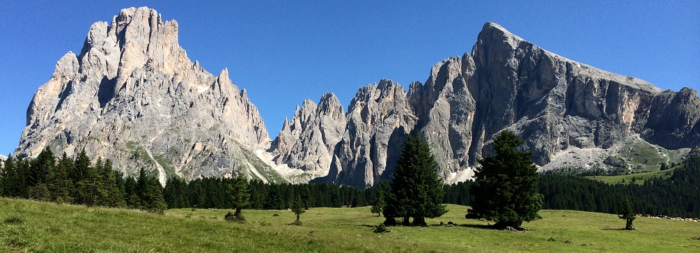 The Sassolungo rises over the meadows of the Alpe di Siusi, Dolomites of Italy