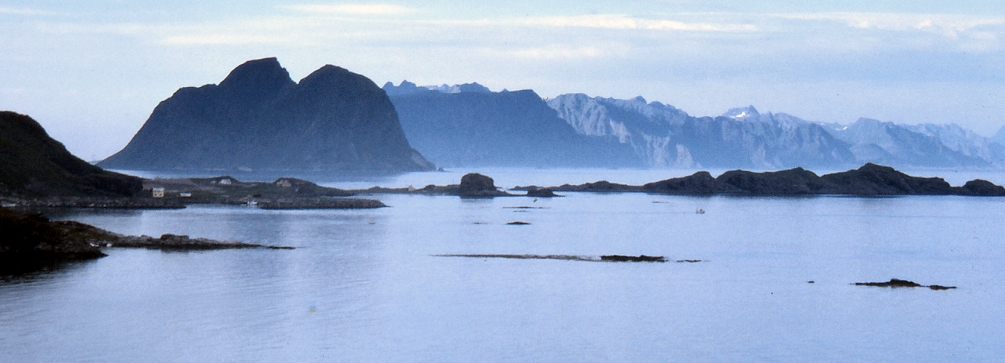 The peaks of the Lofoten Islands rising from the sea