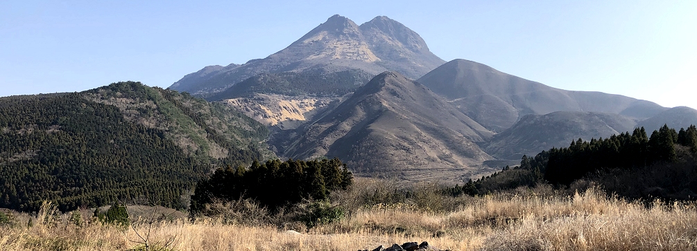 Twin-peaked Yufudake (Mount Yufu) in Aso-Kuju National Park, Kyushu, Japan