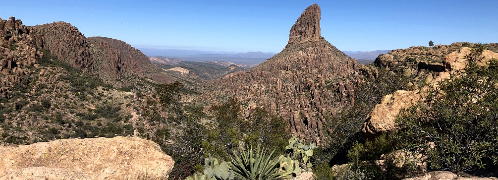 Weaver's Needle pierces a blue Arizona winter sky in the Superstition Mountains
